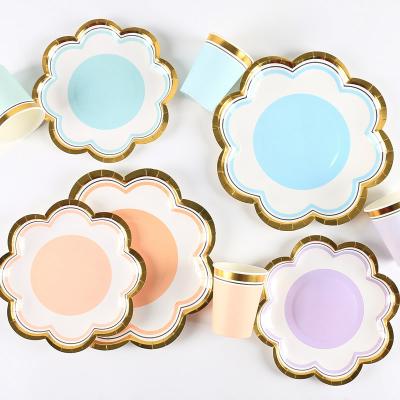 China Hot Birthday Macaron Flower Paper Plate Cup Tableware Set Birthday Party Supplies Decorations for sale