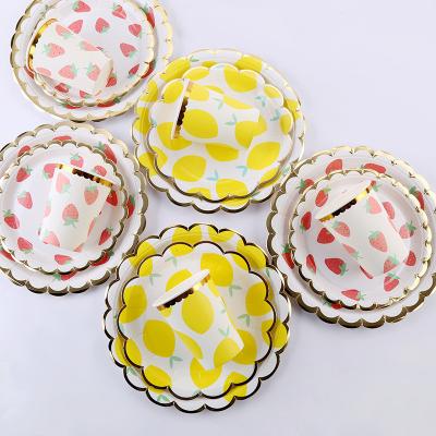 China Birthday Strawberry Lemon Fruit Disposable Tableware Paper Plate Cup Straw Knife Fork Party Supplies Decorations Gifts for sale