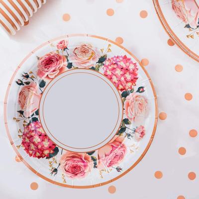 China Vintage Bridal Tea Party Floral Baby Shower Birthday Party Tableware Paper Plates (Serves 24), Napkins, Cups, Knives, Spoons, Forks, Table Cloth, Tableware for sale