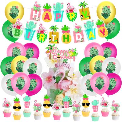 China Flamingo Hawaiian Pineapple Cacti Birthday Flamingo Leaf Coconut Tree Balloon Back Birthday Cake Topper Party Decorations for sale