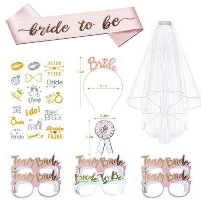 China 2021 Hot Sale Rose Gold Fabric Bride To Be Sash Set Decoration Veil Balloons Sets Bachelor Party Kit Decorations for sale