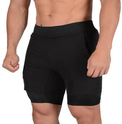 China Custom Black Cycling Jogging Nylon Woven Striped Anti-Wrinkle Men's Double Layer Sporting Shorts Pants Gym Shorts for sale