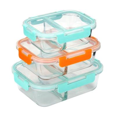 China Microwavable High Borosilicate 3 Compartment 100% Bpa Free Glass Food Container Glass Food Container With Compartment Set for sale