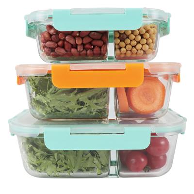 China 100% Microwavable High Borosilicate 2 Compartment Glass Lunch Box Food Storage Container BPA Free With 2 Compartment for sale