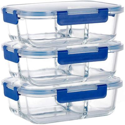 China Factory Wholesale Microwavable High Borosilicate Food Storage Containers Heat Resistant Glass Two Compartment With Airtight Lock Lids for sale