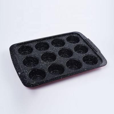 China Carbon Steel Coating Oven Baking Cup Cake Tray 0.6MM Thick Reusable Granite Reusable Marble Stick Crown Non 12 Cup Roll Pan for sale