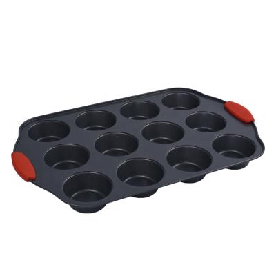 China Nordic Viable 12 Mini Round Non Stick Carbon Steel Handle Muffin Cups Customized Tray Baking Dish With Silicone for sale