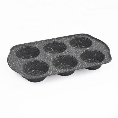 China Stocked 12 Inch 6-Cup of Reusable Non Marble Coating Stick Carbon Steel Baking Oven Muffin Cupcake Dish Tray with Handle for sale