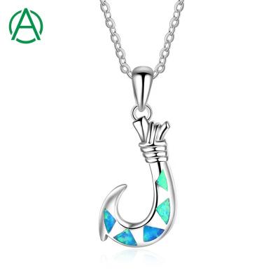 China ArthurGem Casual/Sporty 925 Sterling Silver Sea Life Jewelry Opal Fish Hook Pendant Necklace Blue For Women Men for sale