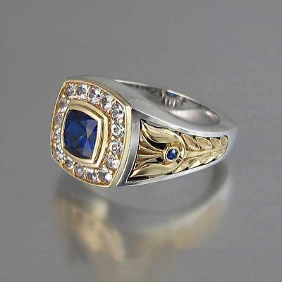 China CAOSHI Vintage Channel Setting Blue Stone Mens CZ Silver Gold Plated Engagement Wedding Square Ring for sale