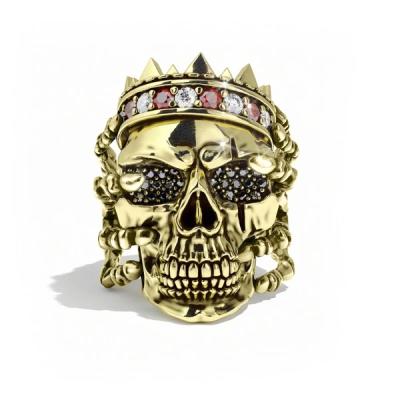 China Hip Hop Rhodium Punk Imitation Gold Plated Pipe Skull Europe and America Crystal Alloy Personality Punk Skull Rings For Men for sale