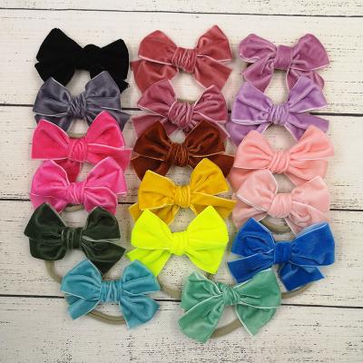 China New Elegent Toddler Babies Velvet Hair Bows For Girls Headbands 4Inch Solid Bows Nylon Headband EE57 for sale