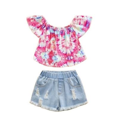 China Washable in current hot sale girls dress sets for summer lovely print ruffle top matching jeans set cute babies short jeans for sale