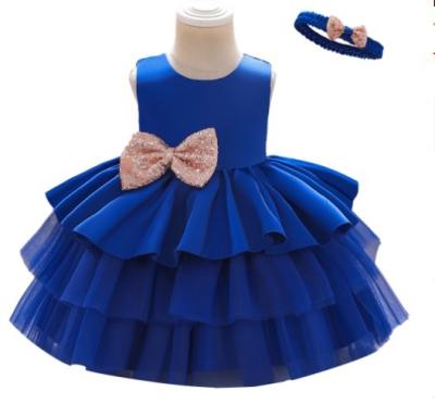 China Luxury Washable Children's Evening Party Birthday Party Wear 6 Colors Big Bow Back Baby Dresses Lace Up Girl Dress With Headband for sale