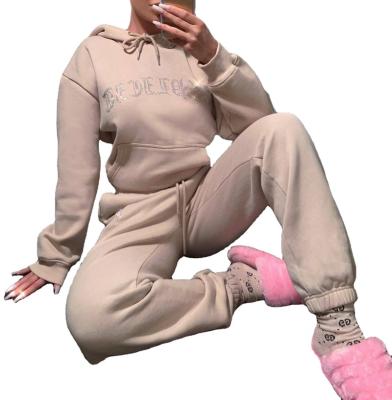 China Anti-pilling fall 2022 winter casual oversized hoodies rhinestone sport trackers hoodie sweatshirts set long sleeve women sweatsuit set for sale