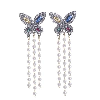 China FASHIONABLE Personality Pearl Butterfly Tassel Fashion Colorful Diamond Long Earrings for sale