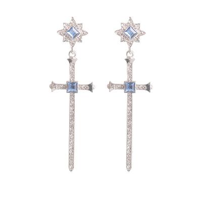 China FASHIONABLE Blue Silvery Gemstone Cross Retro Personality Temperament Fashion High-end Earrings for sale