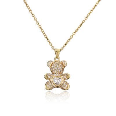 China 2022 Fashion Micro-Set Turquoise Zircon Color Lovely Bear Brass Pendant Necklace Cute Temperament Jewelry for sale