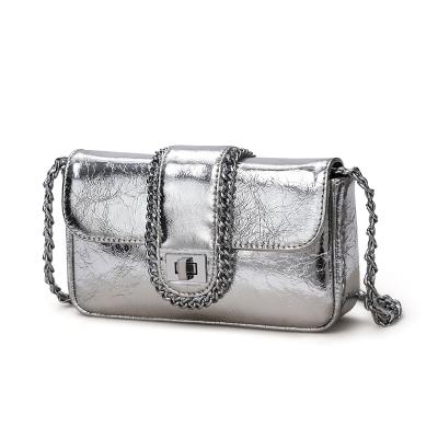 China Popular fashion fashion handbags 2022 genuine leather silver metallic handbags ladies mini metal chain purse handbag for sale