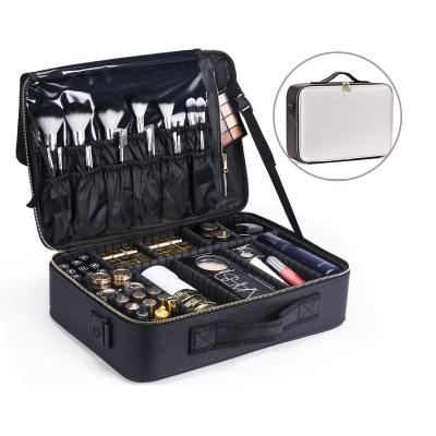 China Large Capacity Portable Makeup Cosmetic Organizer Adjustable Cosmetics Makeup Brushes Case Bag for sale