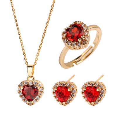 China 2022 Best Selling TRENDY Ring Bling Rhinestone Crystal Love Heart Jewelry Pendant Sets Red Zircon Heart CZ Necklace Earrings for sale