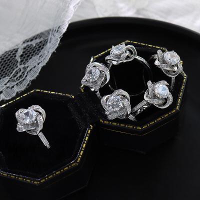 China TRENDY Valentine's Jewelry White Gold Plated Titanium Steel Cubic Zircon Rose Flower Rings For Girl Diamond Rings Bling Iced Out for sale