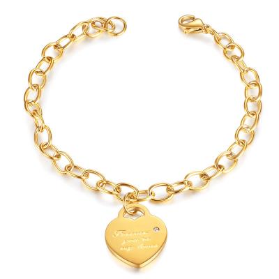 China 2022 TRENDY Fashion Custom Letter 18K Gold Plated Heart Bracelet Stainless Steel Pendant Cuban Chain Bracelet For Women Jewelry Party for sale