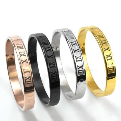 China Hot Selling High Quality FASHIONABLE Unique Design 18K Roman Numeral 316L Stainless Steel Gold Plated Bangle Bracelet For Women Men for sale