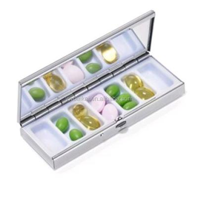 China Wholesale rectangular crystal pill boxes/6 days metal pill box with a mirror 8.5*3.5*1.5cm for sale