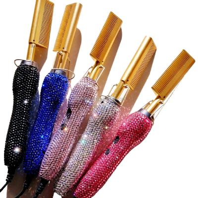 China Outdoor Luxurious Hot Comb Professional Electric Custom Hair Comb Crystal Faux Stone Hair Comb Salon Tools Hot Bling Hot Comb for sale