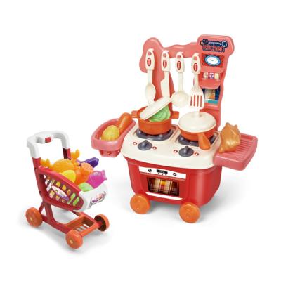 China Red Plastic Kids Cooking Cart And Shopping Cart Toy Pretend Play Girl Cooking Play Kitchen Set Toys HC560657 for sale