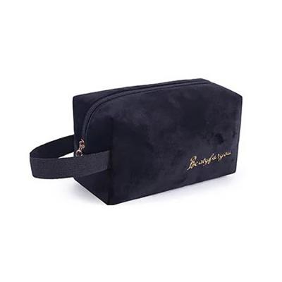 China Custom Luxury Flocking Professional Makeup Bag Zipper Travel Convenient Cosmetic Bag With Embroidery Logo for sale