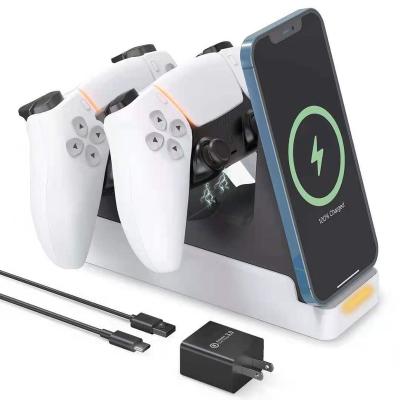 China Hot Selling Newest PS5 15W PS Dual Charger Charging Dock 5 Stand Station With Iphone 2 In 1 Wireless Charging Dock for sale