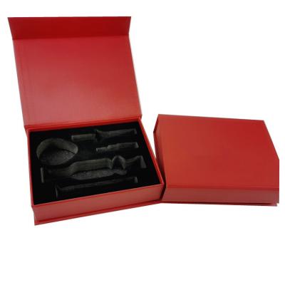 China Recyclable Customized Red Paper Packaging Cosmetics Perfume Oil Present Magnetic Closure Lid Gift Box With Black EVA Foam Insert for sale