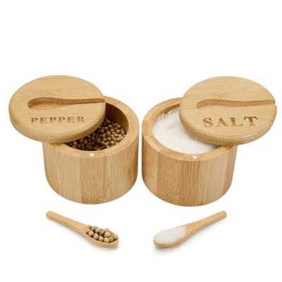 China 2 Slots Eco-Friendly Sustainable 3 Layers Container Bamboo Wood Jar Spice Salt Pepper Kitchen Storage Box With Spoon Slot for sale