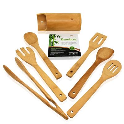 China Sustainable Eco Friendly 100% Natural Cookware Kitchen Utensil Slotted Spatulas 5 6 7 8 Pieces Set Pack Utensil Wood Bamboo Cookware Set for sale