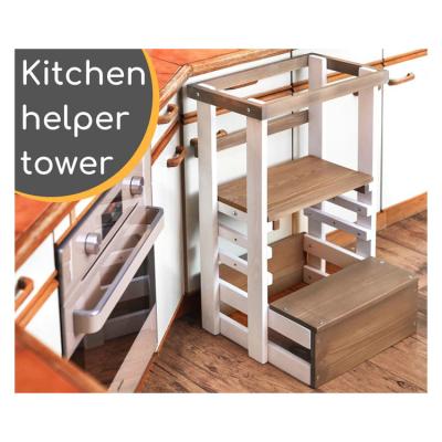 China Modern Adjustable Result Height Wooden Standing Baby Learning Tower Assisted Step Stool for sale