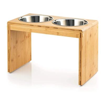 China Non-automatic High Quality Wood Material Pet Dining Table Bowl Rack Stainless Steel Double Pet Bowl for sale