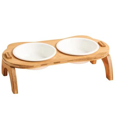 China Non-automatic Cat Bowl With Wood Stand No Spill Pet Food Water Feeder Bowl For Cats Small Dogs for sale