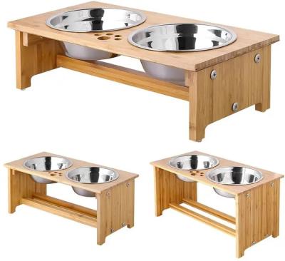 China Non-automatic Bamboo Elevated Dog Cat Food Bowls Stand Feeder With 2 Stainless Steel Bowls for sale