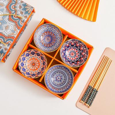 China Viable Bohemian Style Colorful Small Cereal Bowls Ceramic Porcelain Serving Bowls with Chopsticks Set of 4 for sale