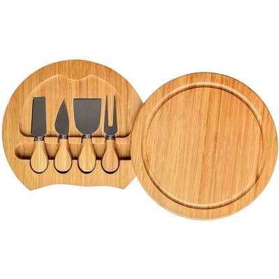 China Totally Sustainable Creative Bamboo Round Cheese Board With Rack And Tool Cutlery Set for sale