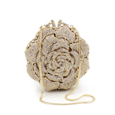 China Metal Women Grab Bag Rose Rhinestone Cavity Metal Diamond Evening Banquet Bag Women Handbag With Diamond for sale