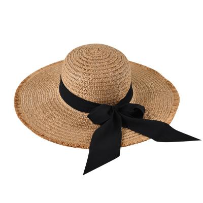 China Fashion \ New Comfortable \ Durable Good Quality Design Wheat Straw Hat Hand Braided Wide Brim Flat Brim Ribbon Bow Hat for sale