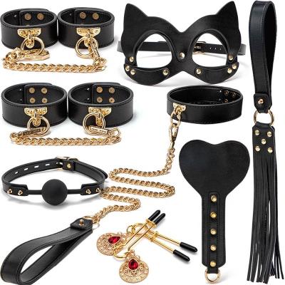 China Portable BDSM Adult Games Fun Leather 8 Pieces Bring Box Bed Bondage Handcuffs Whip Flirting Compulsory SM Alternative Toy Bondage Set For Couples for sale