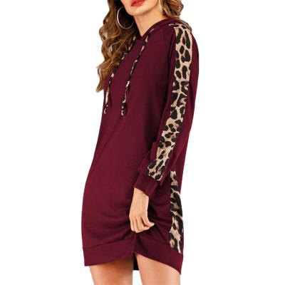 China Viable Custom Hooded Women's Long Dress Drawstring Leopard Print Contrast Hoodie for sale