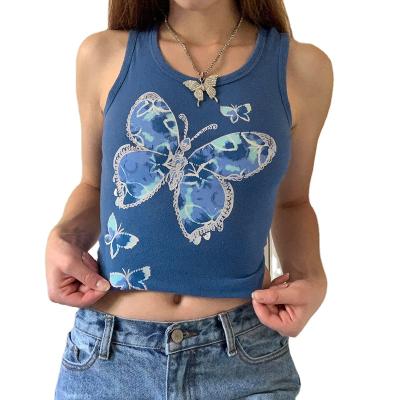 China Summer QUICK DRY Wholesale Loose Cute Butterfly Graphic Crop Tops Custom Logo Women Knit Cropped Tank Top for sale