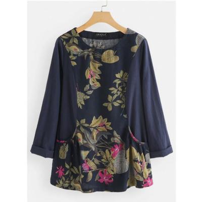 China 2021New fall anti-pilling loose cotton and print canvas pocket color splicing o-neck full plus size women's blouses and shirts for sale