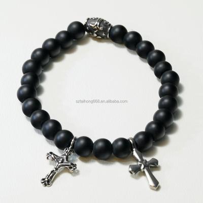 China Punk Rock Punk Style Cross Stainless Steel Charms Nature Black Stone Beaded Bracelets for sale