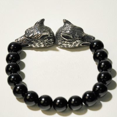 China Punk Rock Punk Style Wolf Stainless Steel Charms Black Onyx Nature Stone Beaded Bracelets for sale